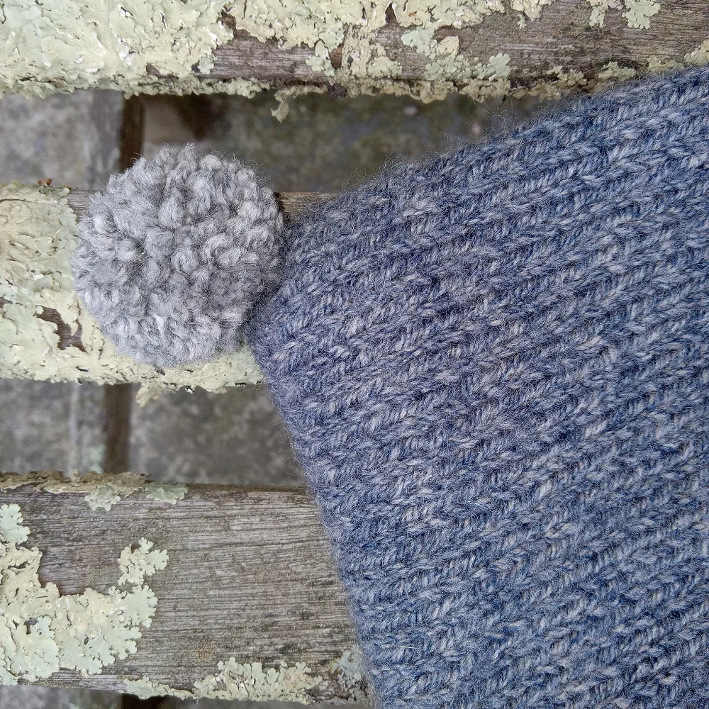 Handknit Baby Boy Winter Blue Denim Tweed Retro 1960s Style Pompom Pixie Hat 12M